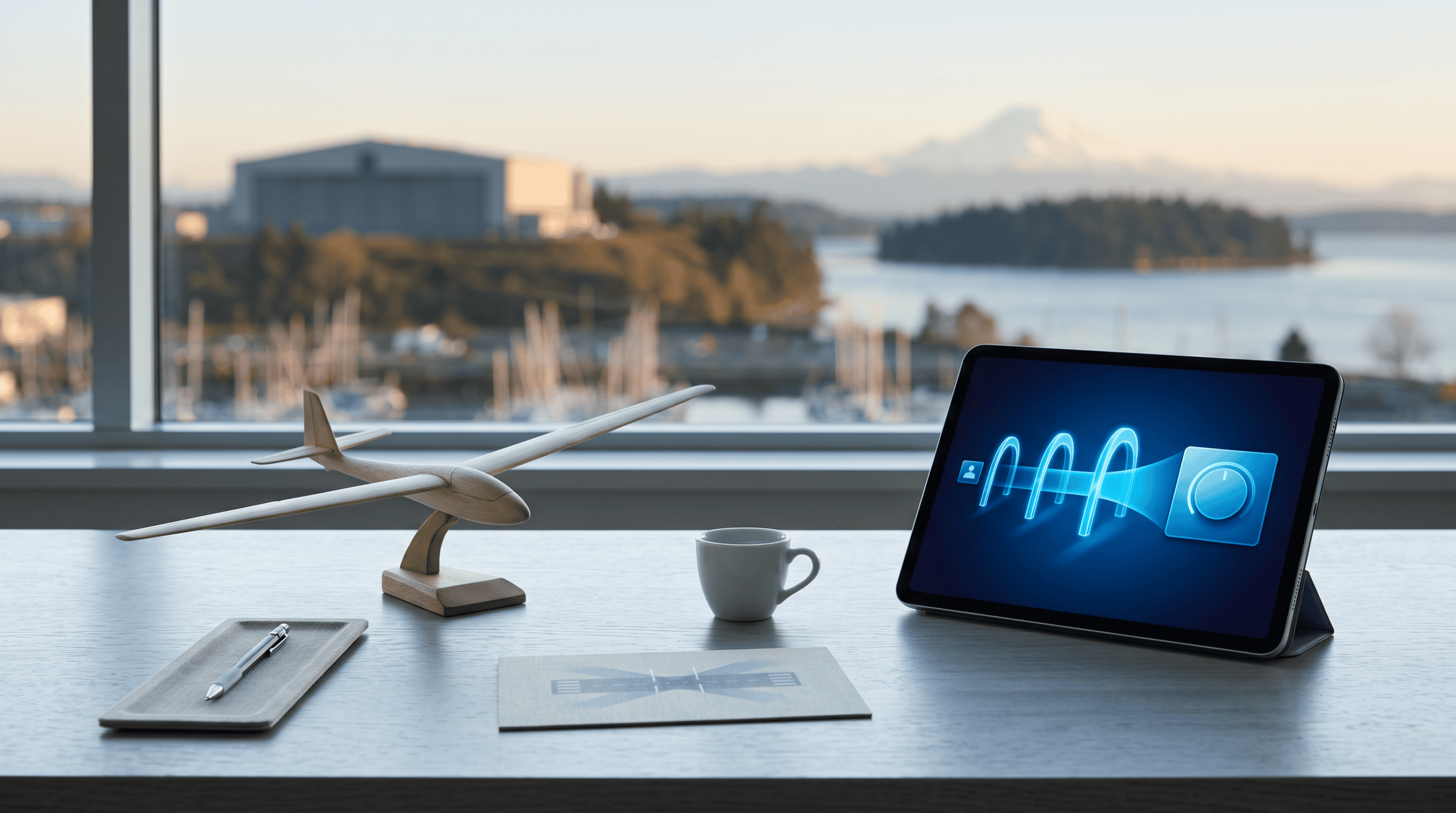 AI pilot to production playbook workspace with balsa glider and aerospace sound city view