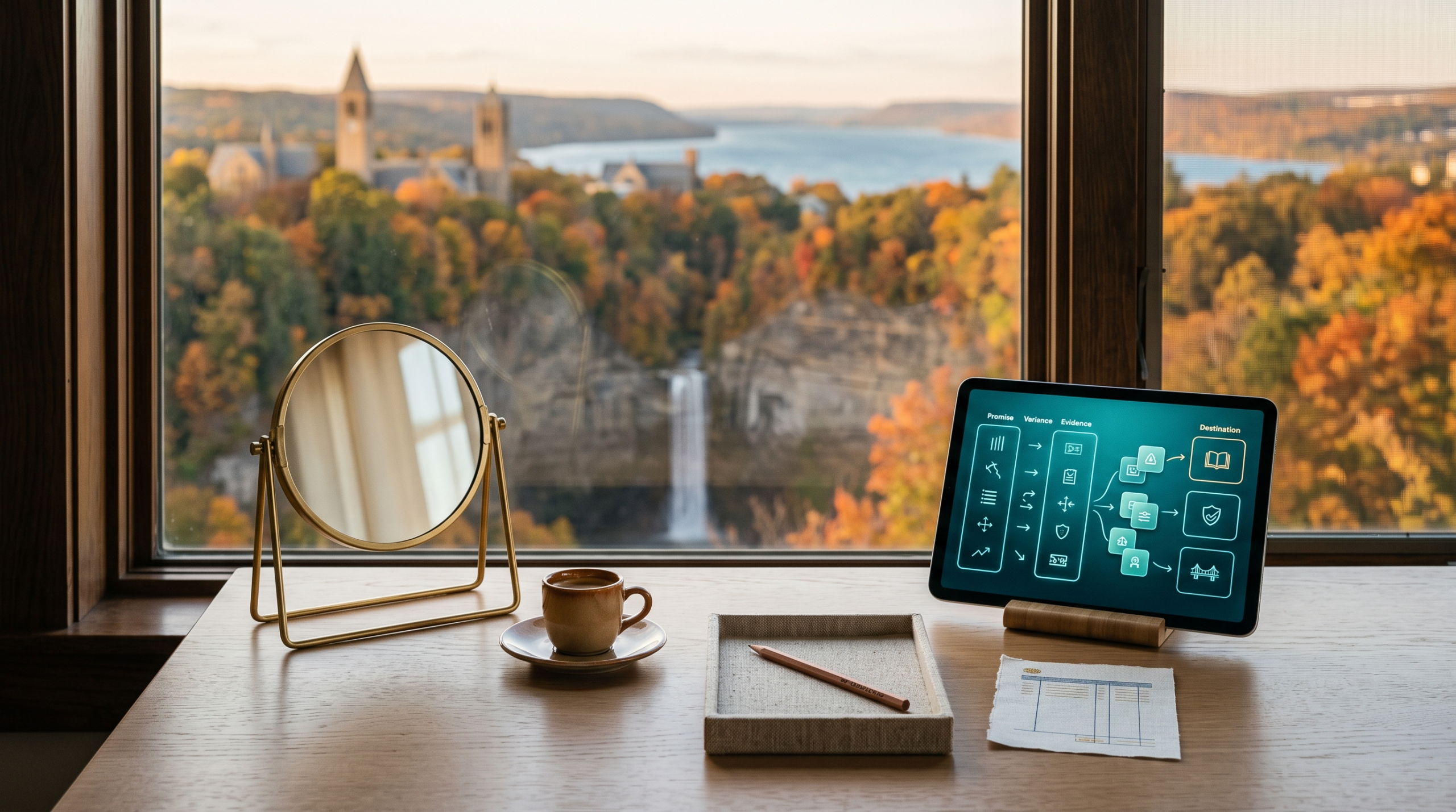 AI post implementation review template workspace with brass tabletop mirror and gorge waterfall college town view