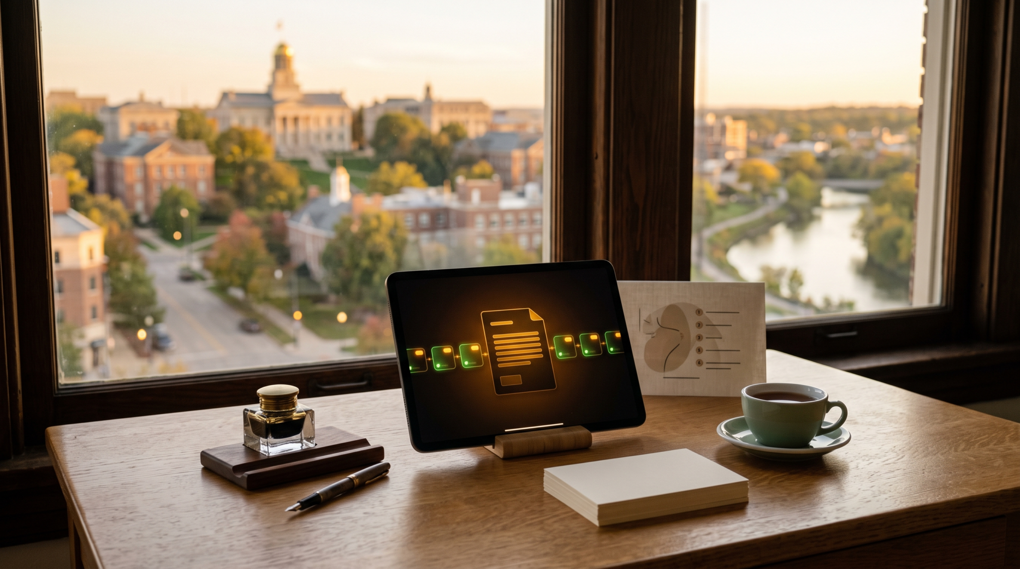 AI prompt engineering playbook for consultants workspace with glass inkwell and literary capitol town view
