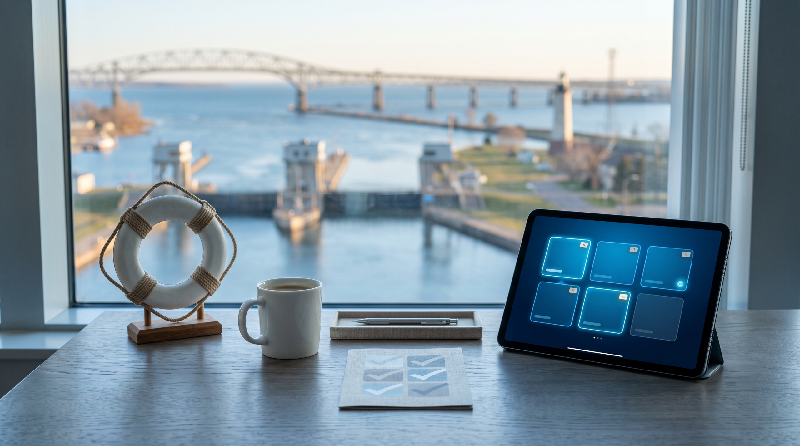 AI risk assessment checklist for clients workspace with miniature life ring and great lakes locks city view