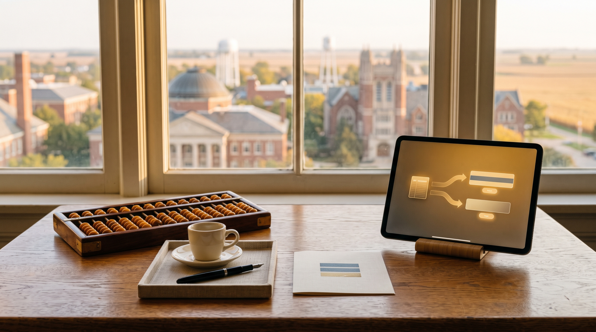 AI roi calculator for client proposals workspace with wooden abacus and prairie computing town view