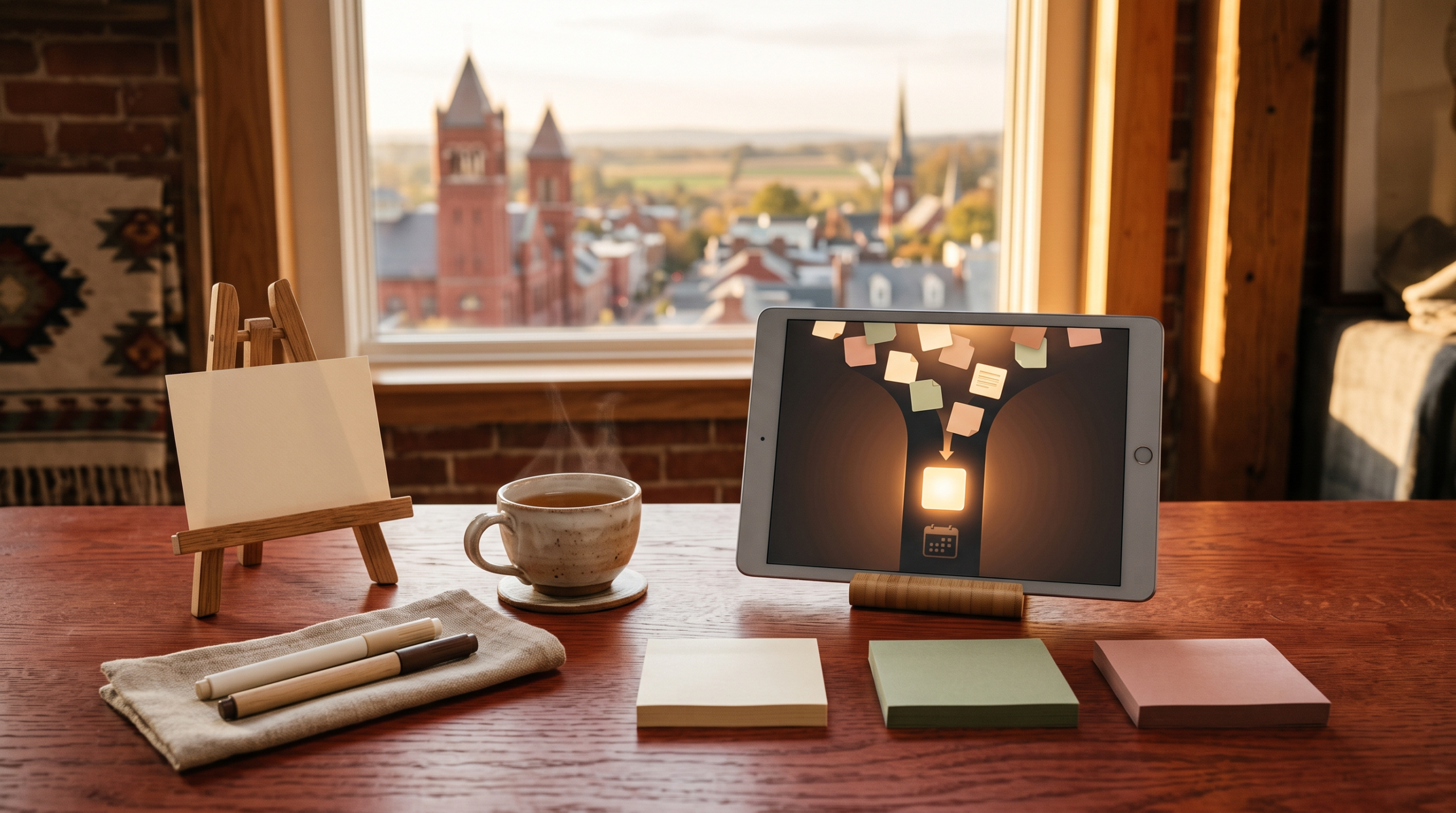 AI use case discovery workshop template workspace with pastel note stacks and craft heritage market town view