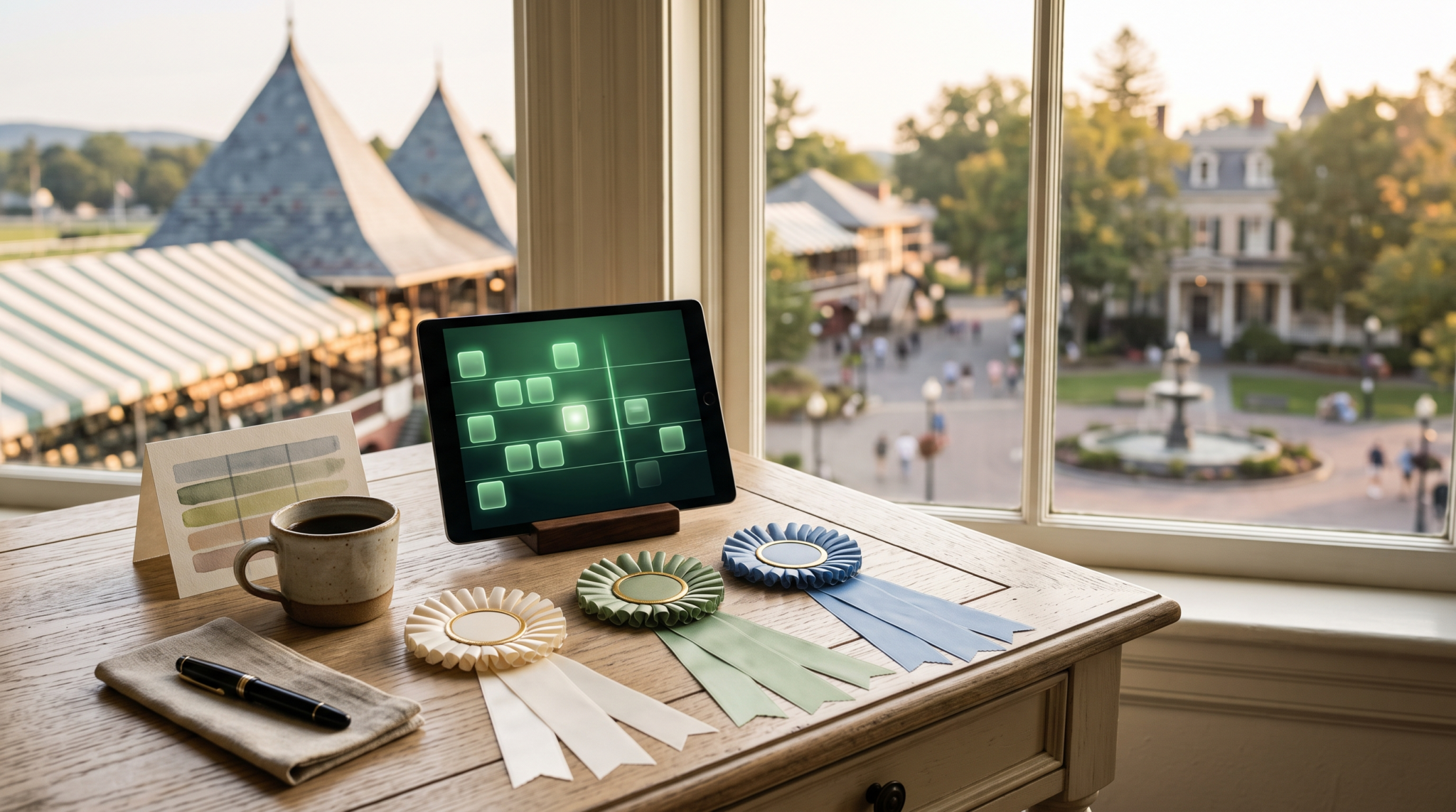 AI vendor selection scorecard workspace with blank prize rosettes and victorian racing town view