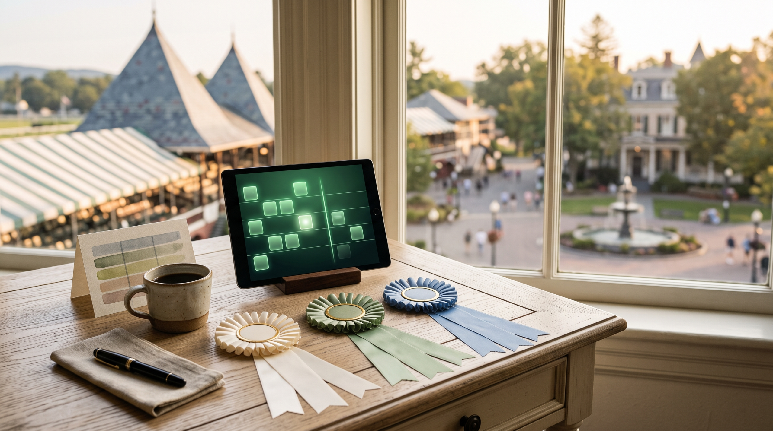 AI vendor selection scorecard workspace with blank prize rosettes and victorian racing town view