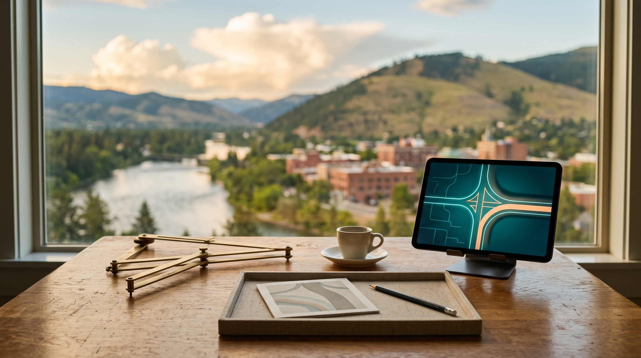 AI workflow mapping process for consultants workspace with brass pantograph and rivers confluence mountain town view