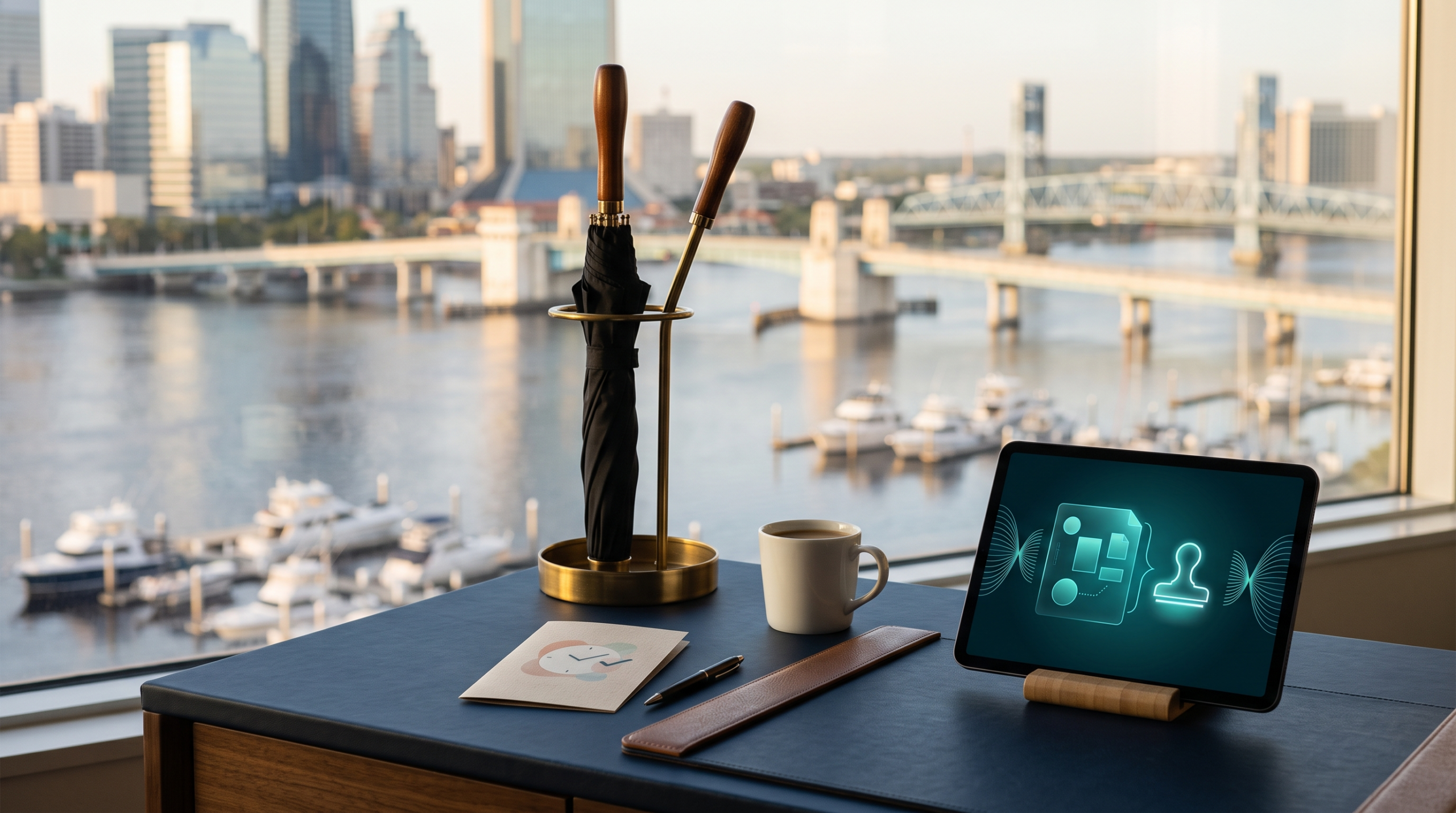 Selling ai claims agents to insurance carriers workspace with furled umbrella and river city skyline view