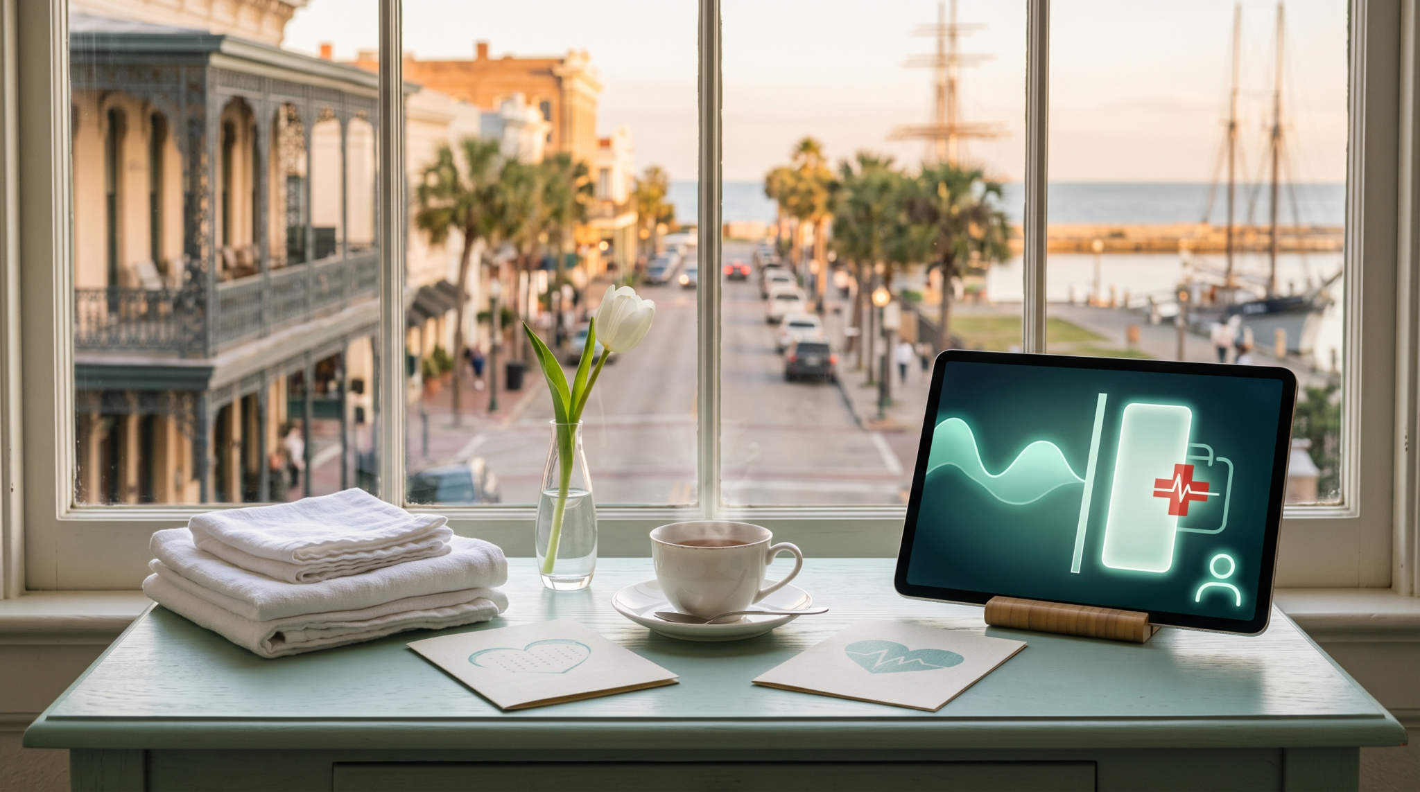 Selling ai patient intake agents to clinics workspace with white tulip and gulf island victorian city view