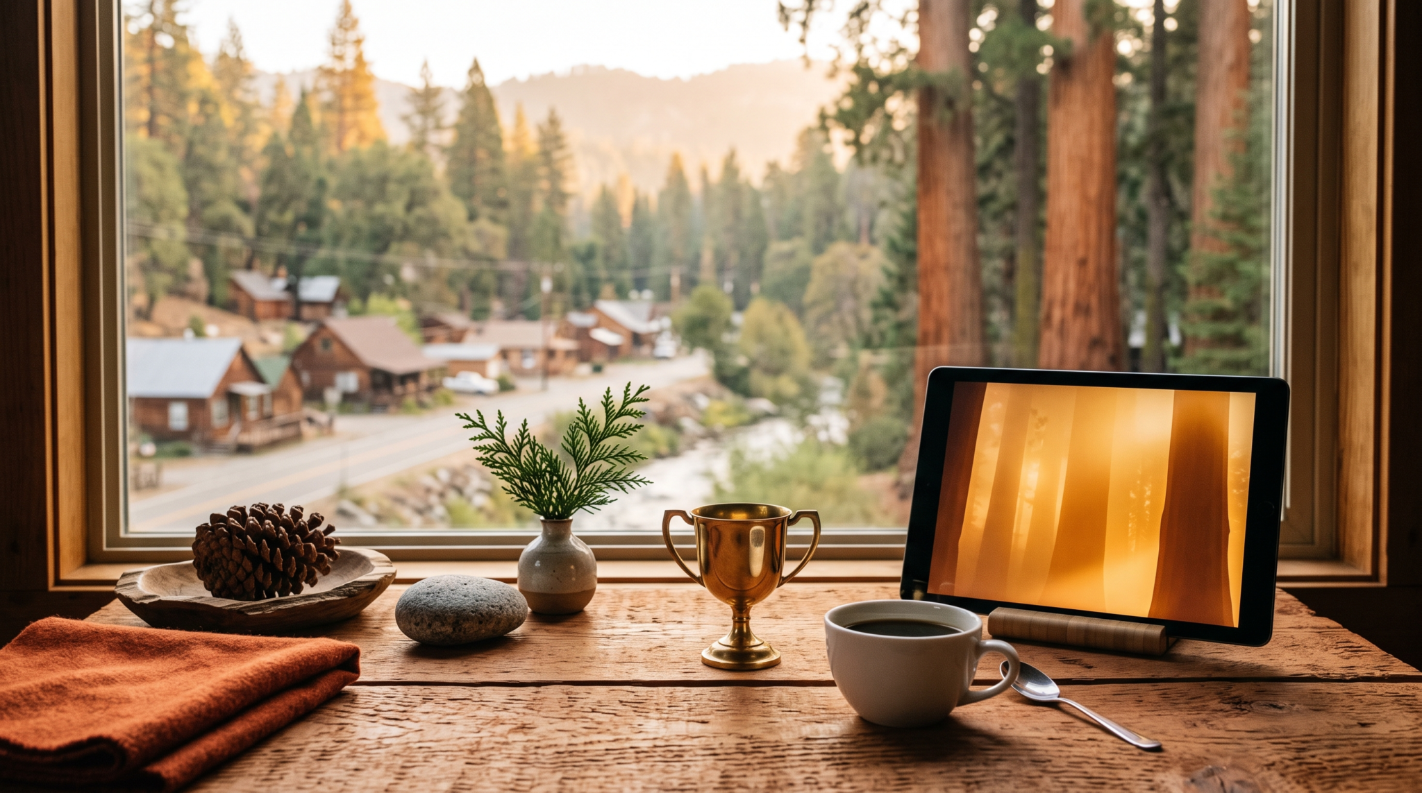 AI consulting champion building inside enterprises workspace with brass loving cup and giant sequoia gateway town view