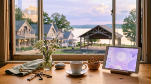 AI consulting community building strategy workspace with brass skeleton keys and Victorian lakeside assembly town view