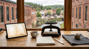 AI consulting downloadable playbook lead magnet workspace with cast-iron book press and paper mill city view