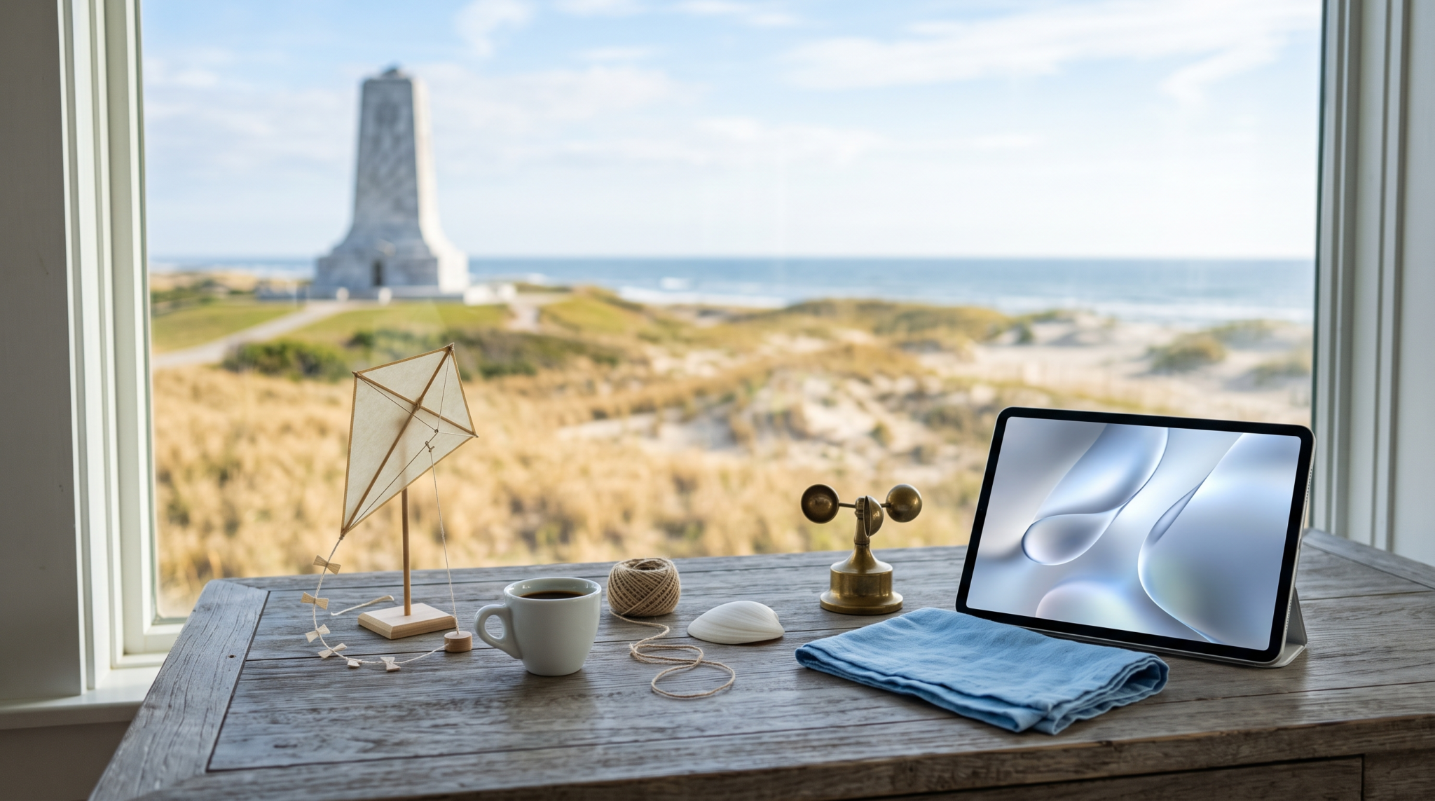 AI consulting first project pricing strategy workspace with miniature box kite and first flight dunes coast view
