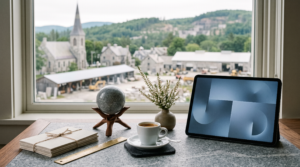 AI consulting flat fee packaging workspace with granite sphere and granite quarry capital town view