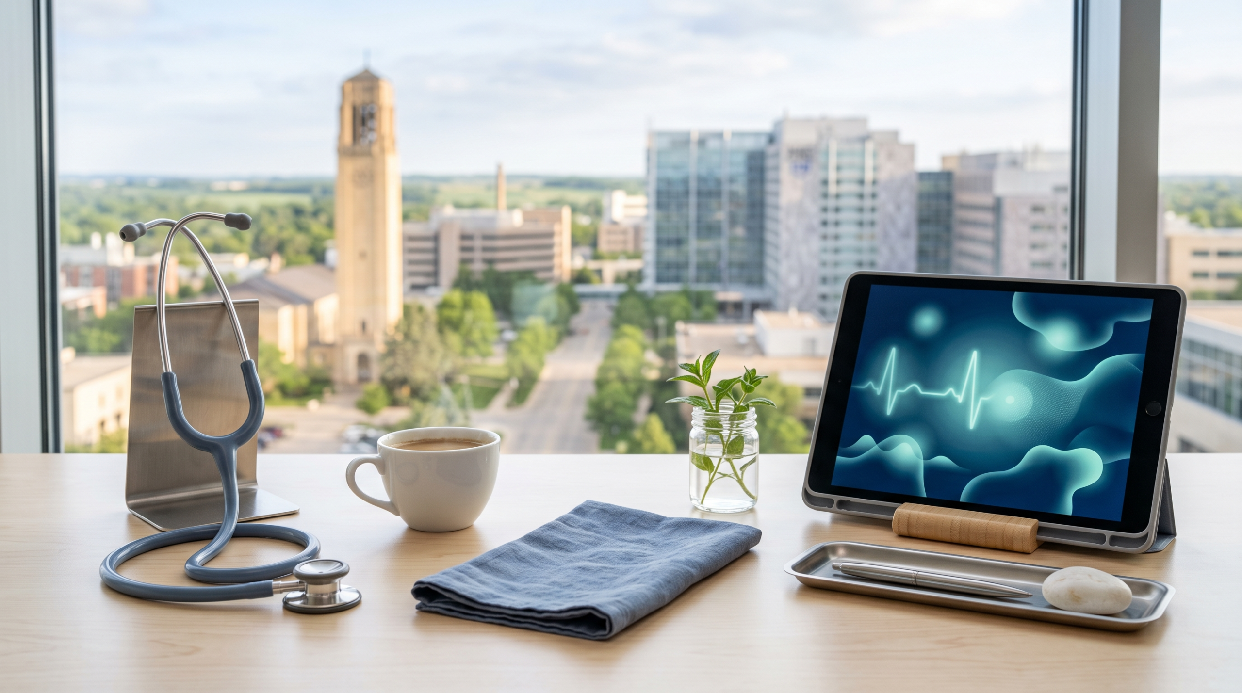 AI consulting free audit lead magnet workspace with stethoscope and diagnostic capital prairie city view
