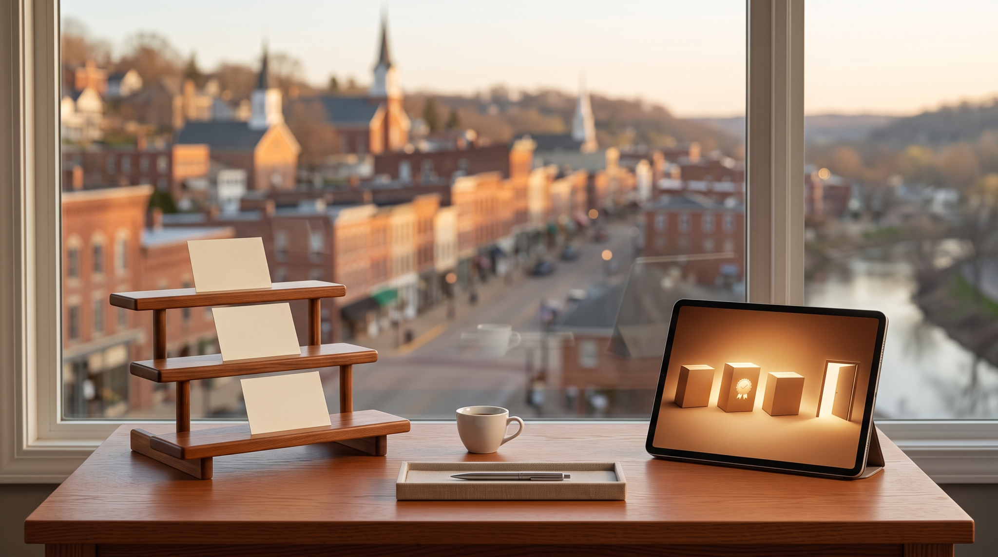 AI consulting good better best packaging workspace with three-tier wooden stand and historic hillside main street town view