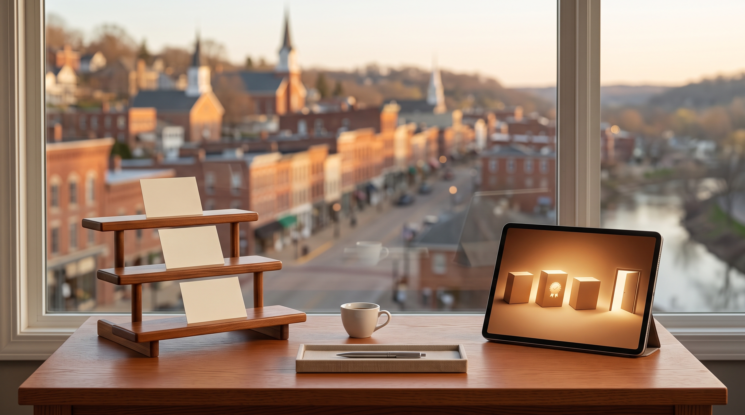 AI consulting good better best packaging workspace with three-tier wooden stand and historic hillside main street town view