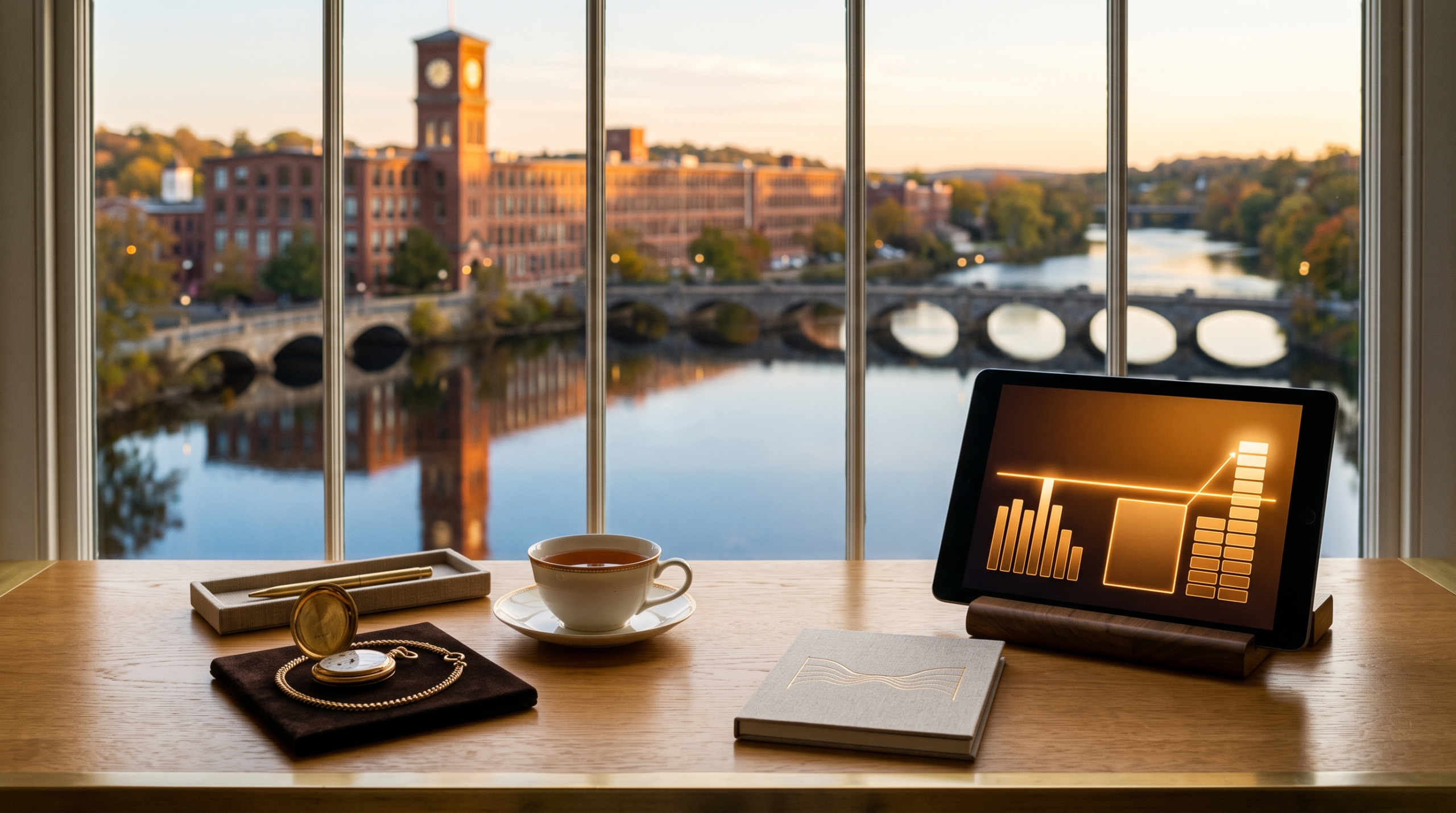 AI consulting hourly vs project vs retainer workspace with open pocket watch and watch city river town view