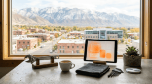 AI consulting Indie Hackers visibility workspace with polished adjustable wrench and mountain bootstrapper city view