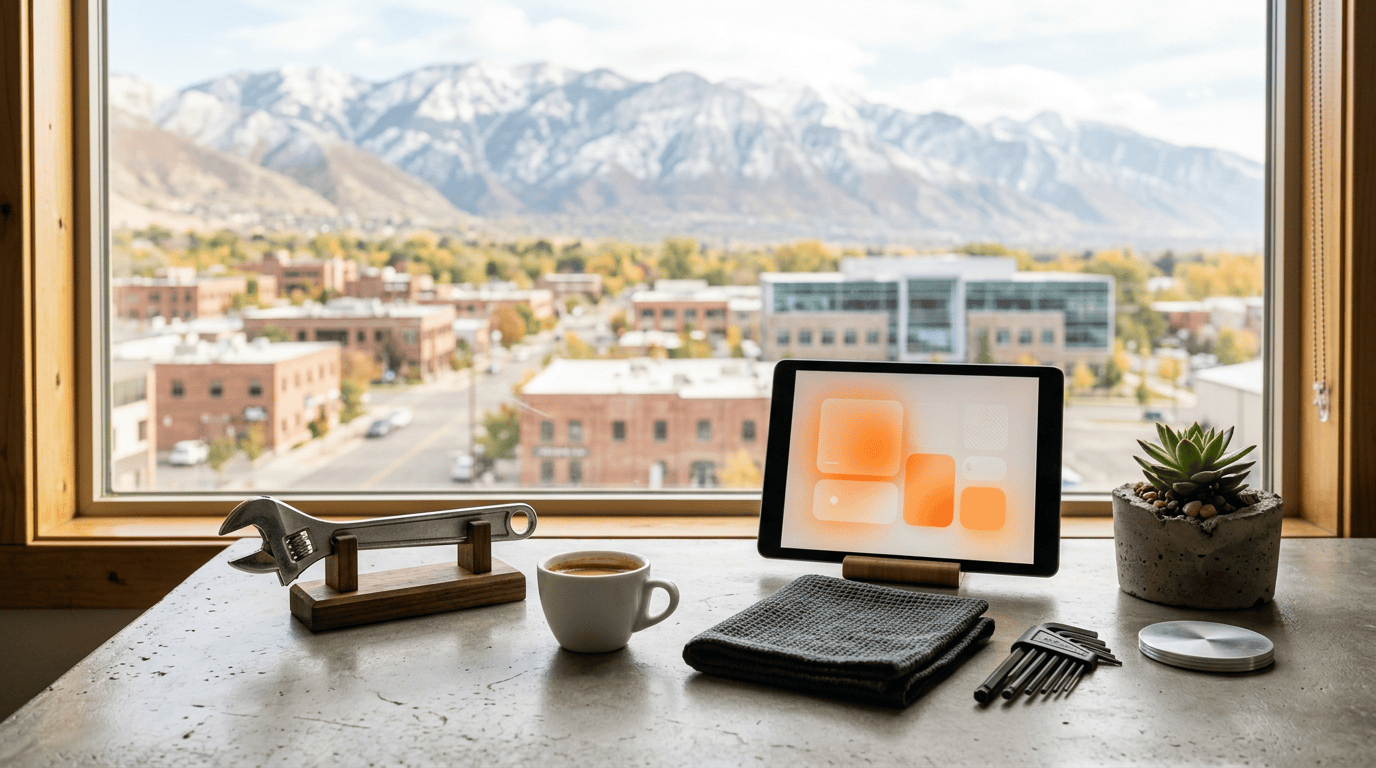 AI consulting Indie Hackers visibility workspace with polished adjustable wrench and mountain bootstrapper city view