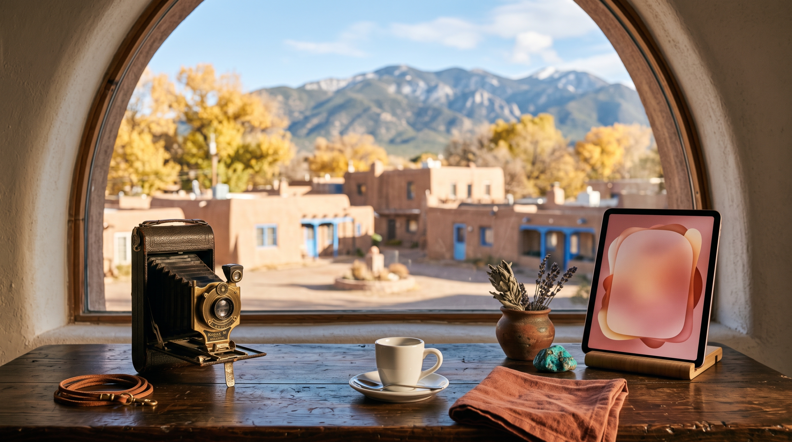 AI consulting Instagram Reels strategy workspace with antique folding camera and adobe art colony mountain town view