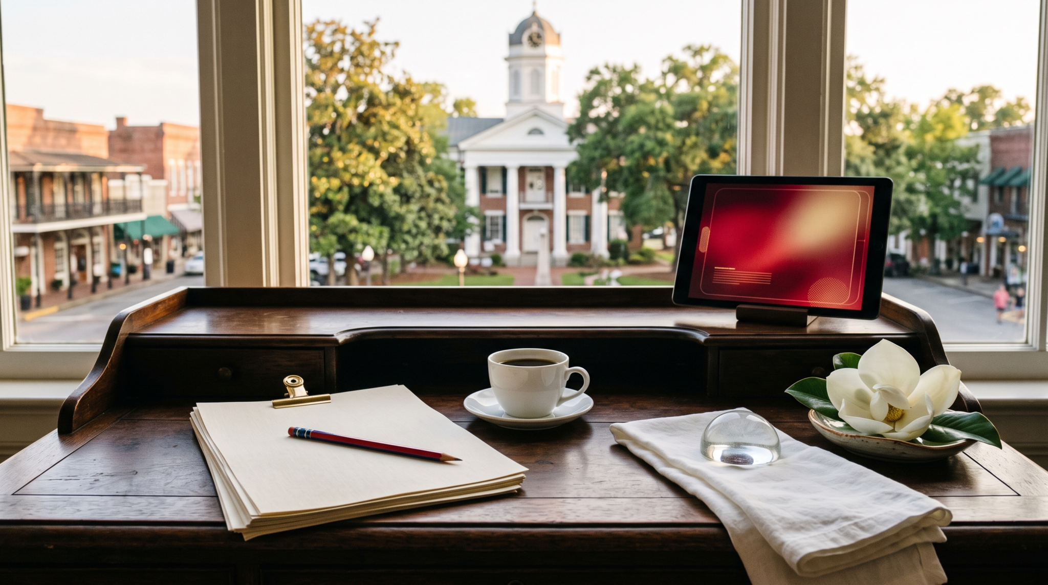 AI consulting legal redlines workspace with red editing pencil and courthouse square magnolia town view