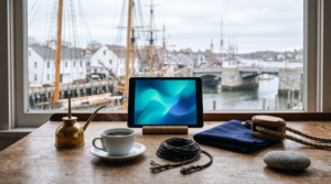 AI consulting maintenance retainer pricing workspace with brass oiler can and historic seaport shipyard town view