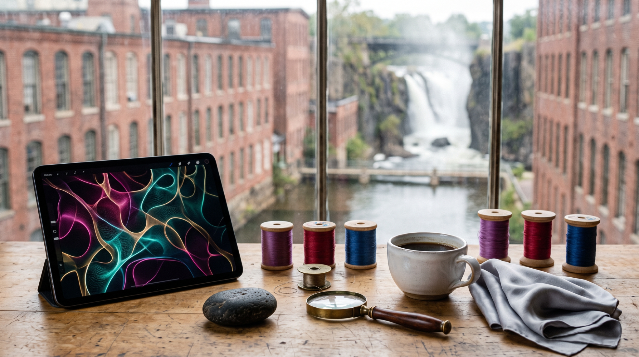 AI consulting multithreading enterprise deals workspace with wooden silk thread spools and silk city great falls view