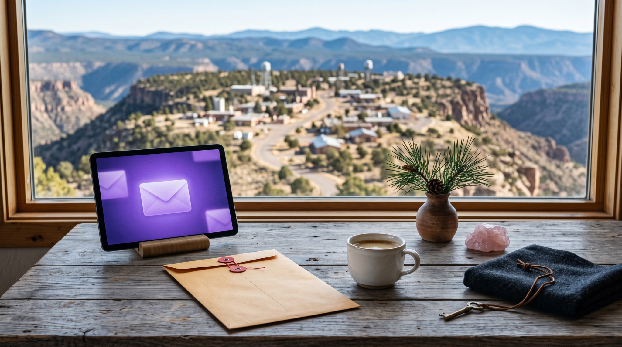 AI consulting NDA templates workspace with string-tie envelope and secret mesa laboratory town view