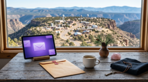 AI consulting NDA templates workspace with string-tie envelope and secret mesa laboratory town view