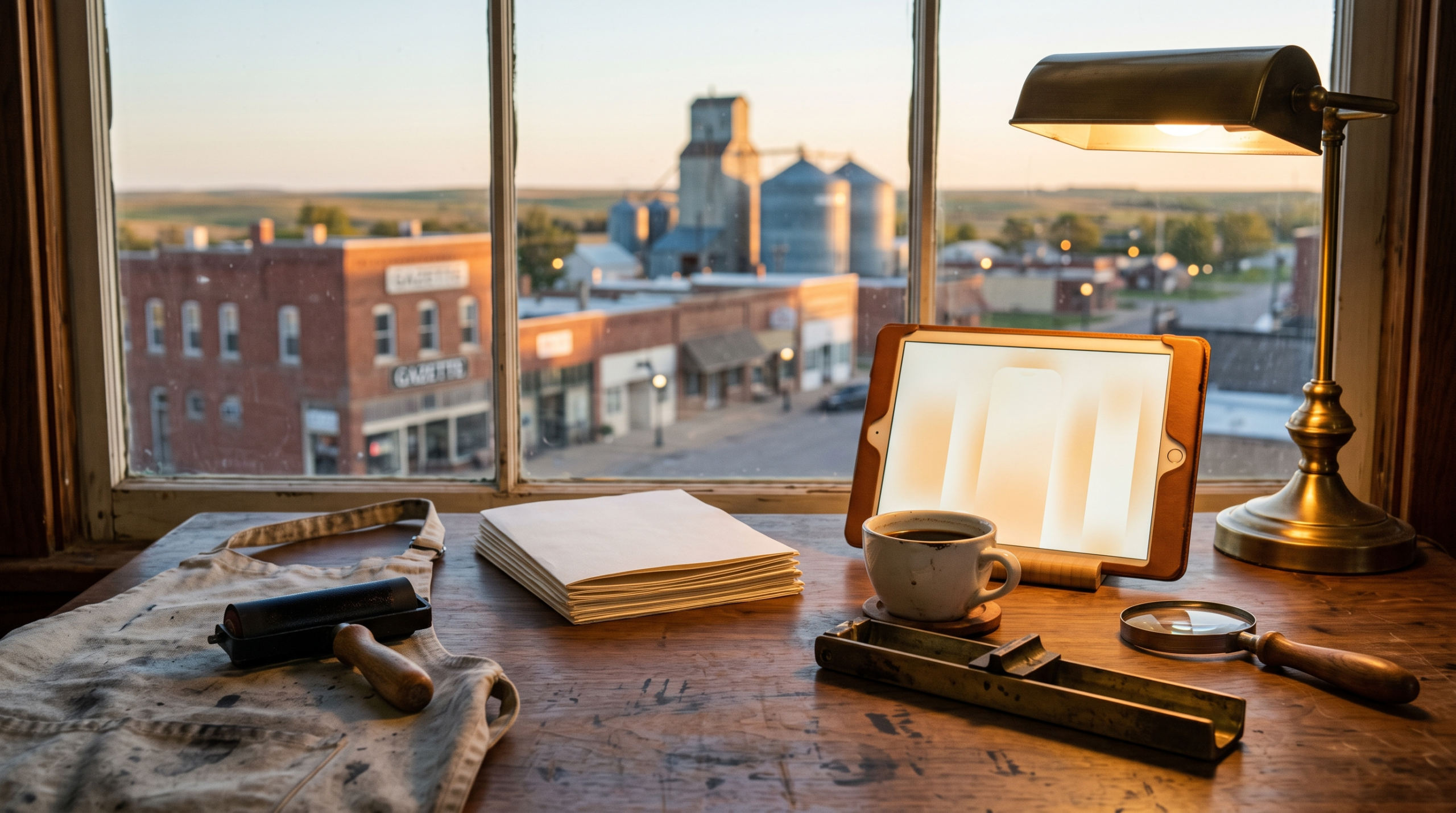 AI consulting newsletter as lead magnet workspace with brass letterpress composing stick and small-town gazette main street view
