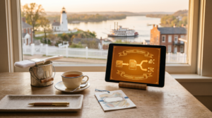 AI consulting outcomes based pricing case study workspace with whitewash brush and pail and river storytelling town view