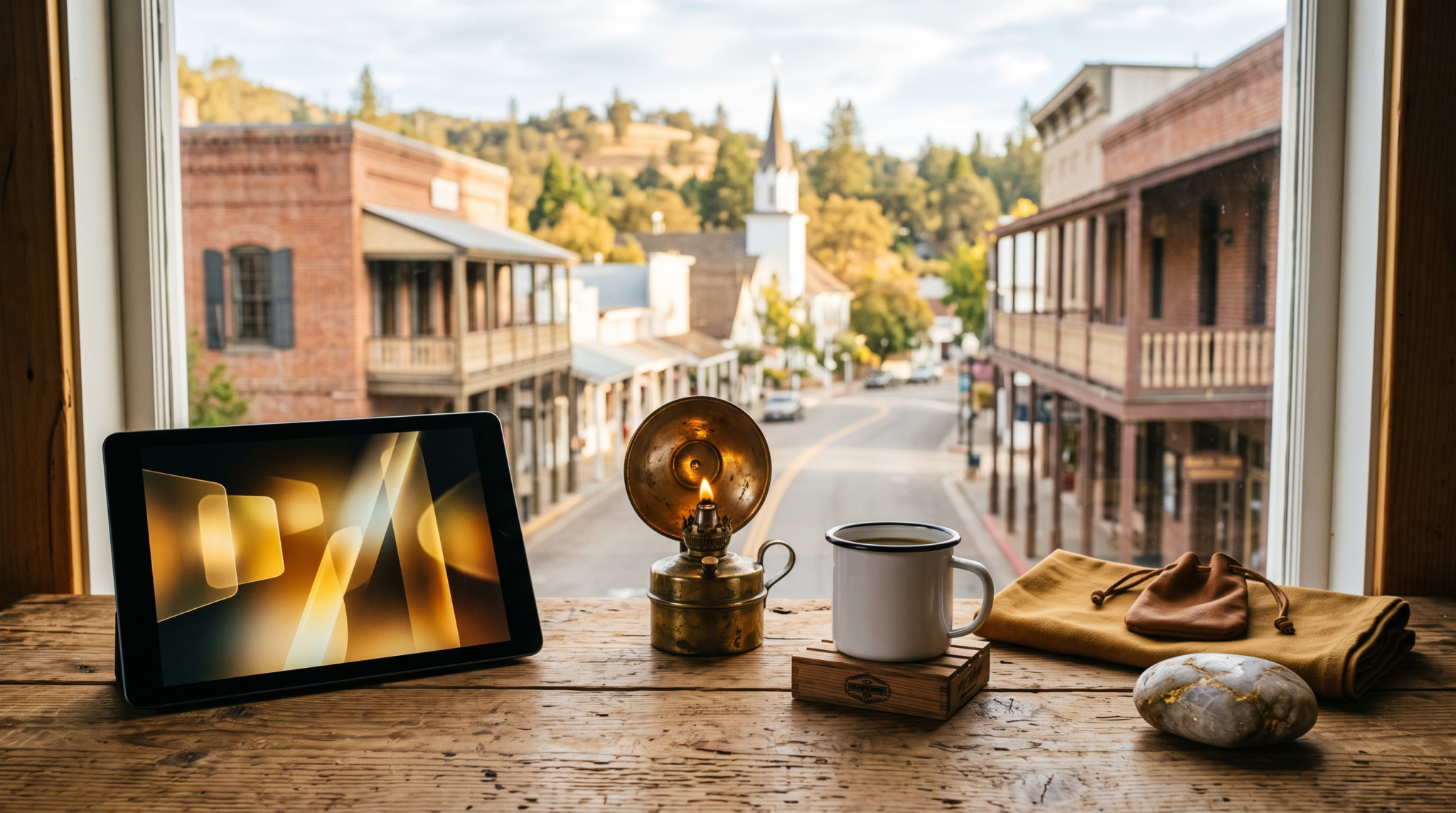 AI consulting paid ads Google workspace with brass carbide lamp and gold country foothill main street view