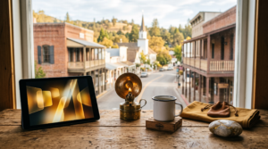 AI consulting paid ads Google workspace with brass carbide lamp and gold country foothill main street view
