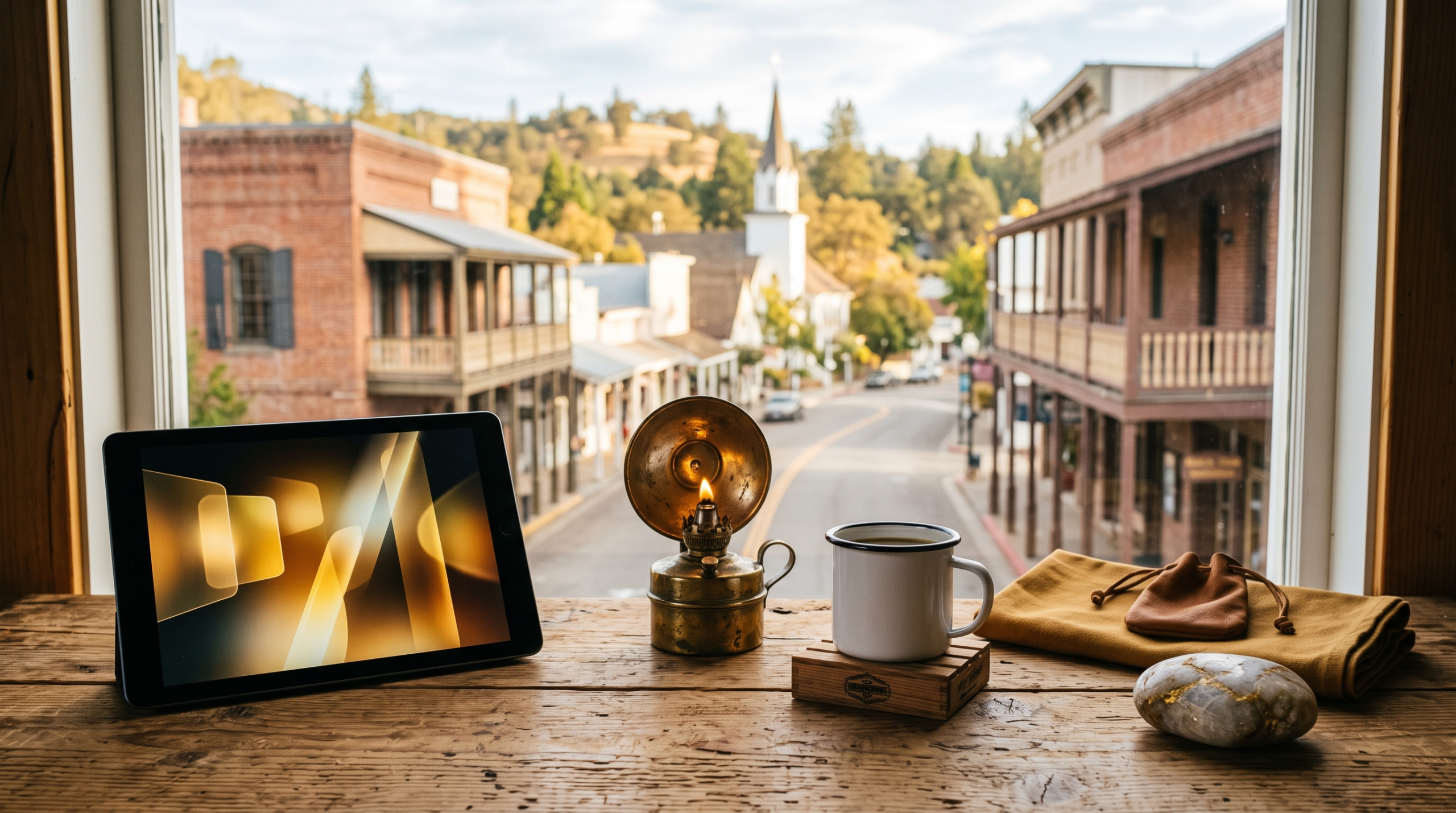 AI consulting paid ads Google workspace with brass carbide lamp and gold country foothill main street view