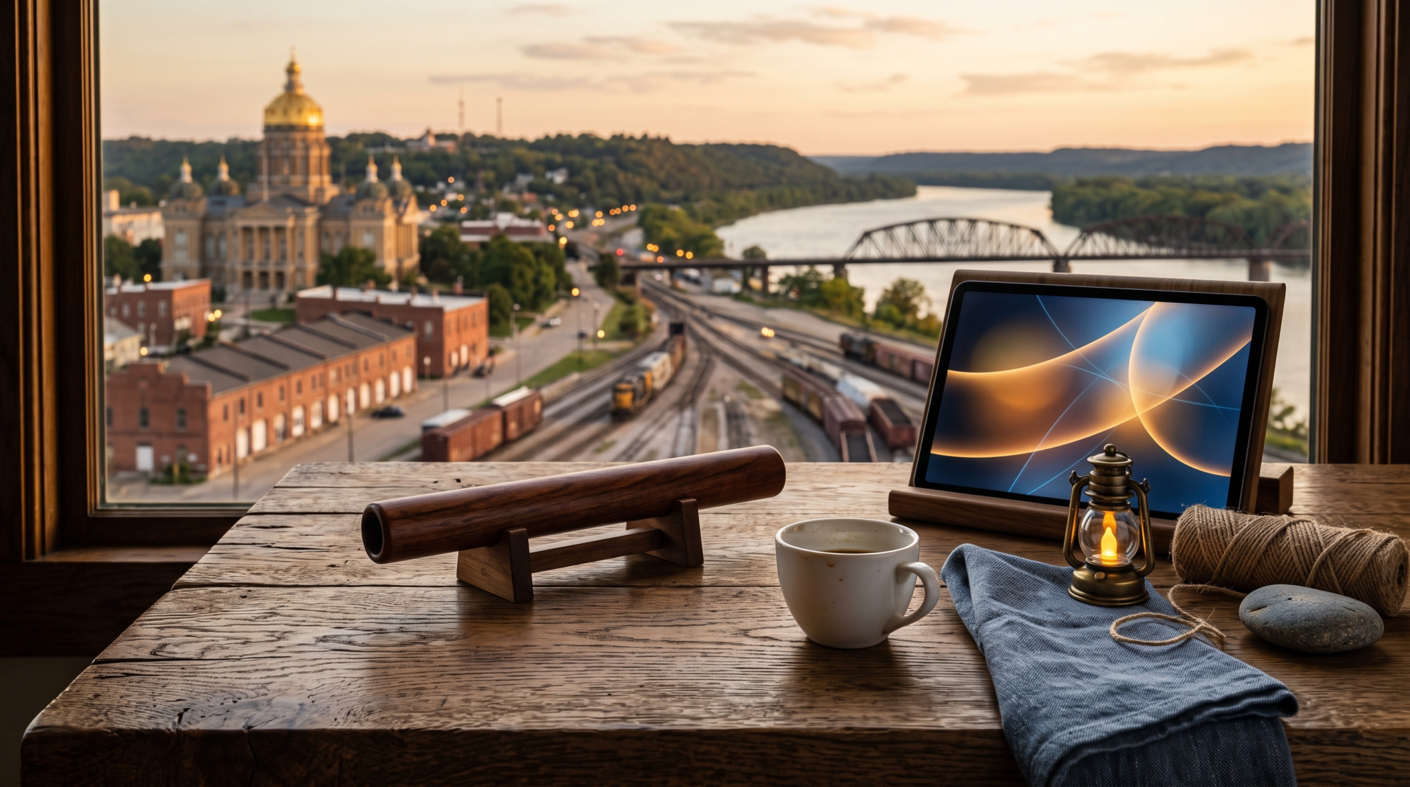AI consulting partner referral program workspace with polished wooden relay baton and historic rail junction river town view