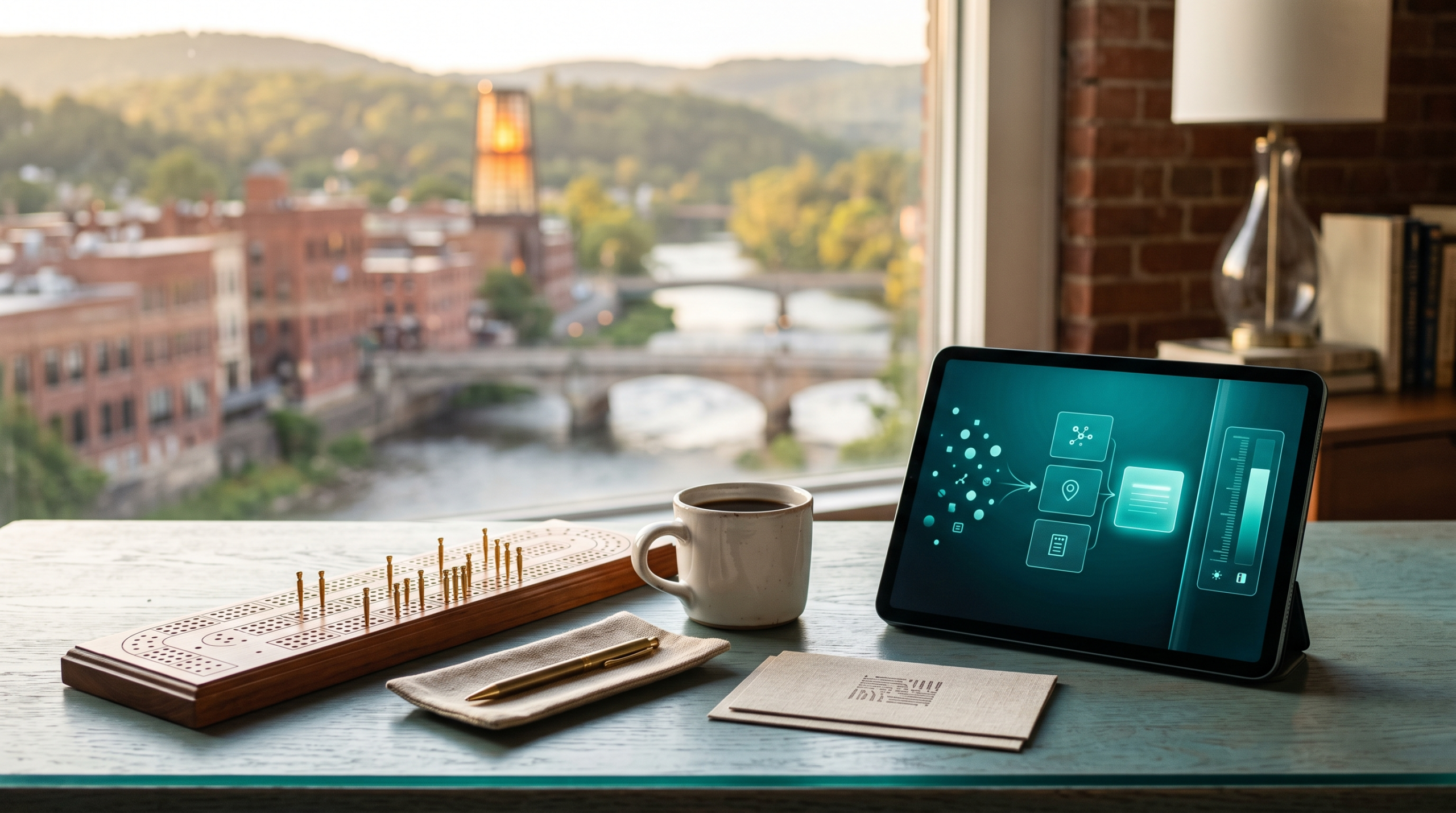 AI consulting per agent pricing workspace with wooden cribbage board and precision glass river town view