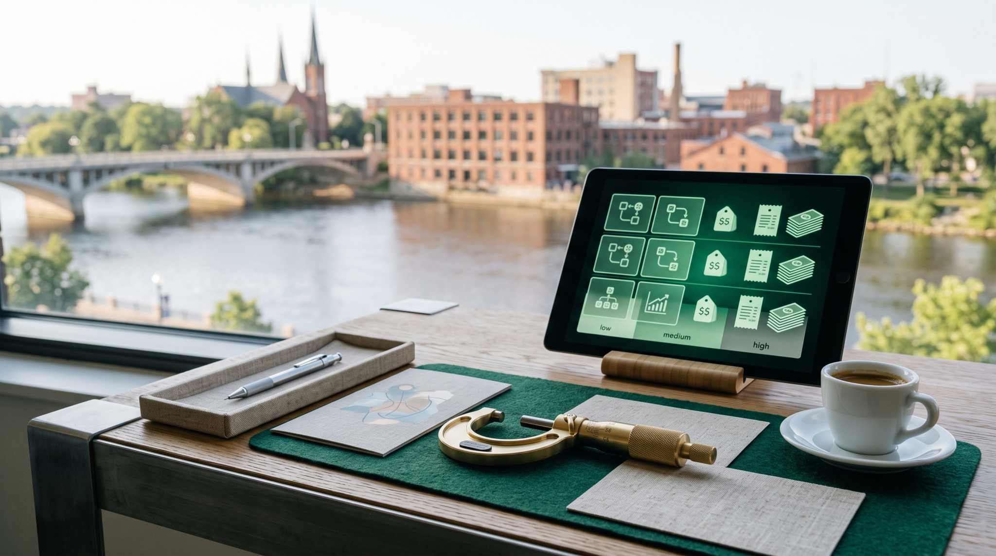 AI consulting per workflow pricing workspace with brass micrometer and machine heritage river city view