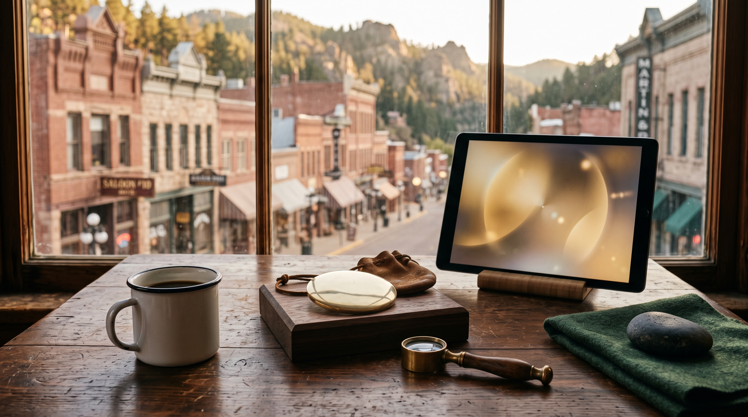 AI consulting pilot fee benchmarks workspace with blank brass survey marker disk and historic gold town main street view