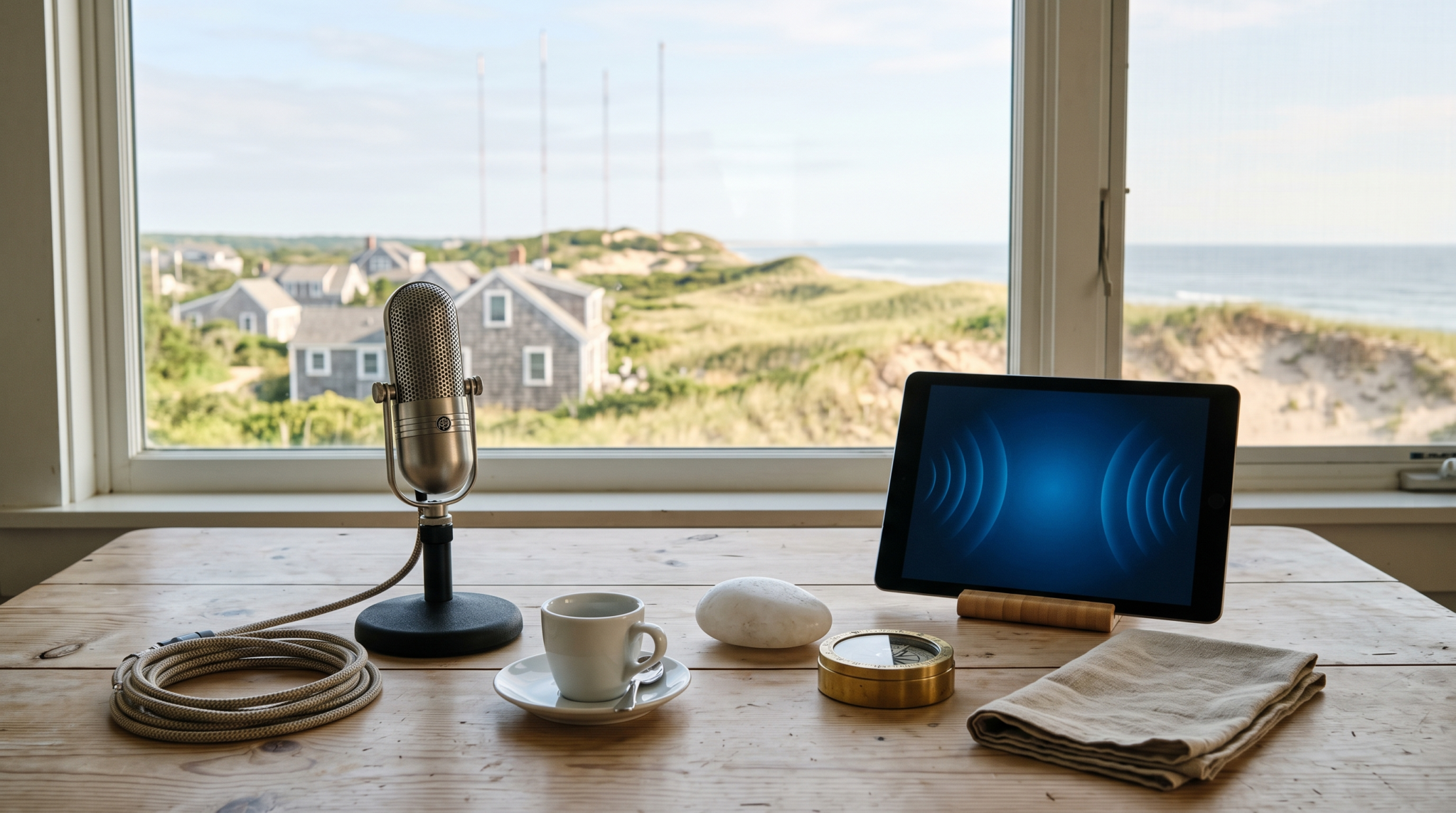 AI consulting podcast as lead engine workspace with vintage ribbon microphone and Cape Cod wireless station dune view