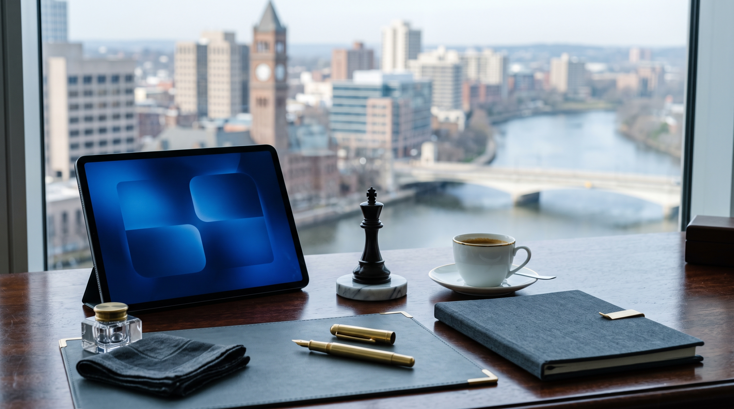 AI consulting pricing for Fortune 500 clients workspace with ebony chess king and corporate registration river city view
