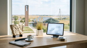 AI consulting pricing for mid market workspace with carved stone keystone and modernist architecture prairie town view