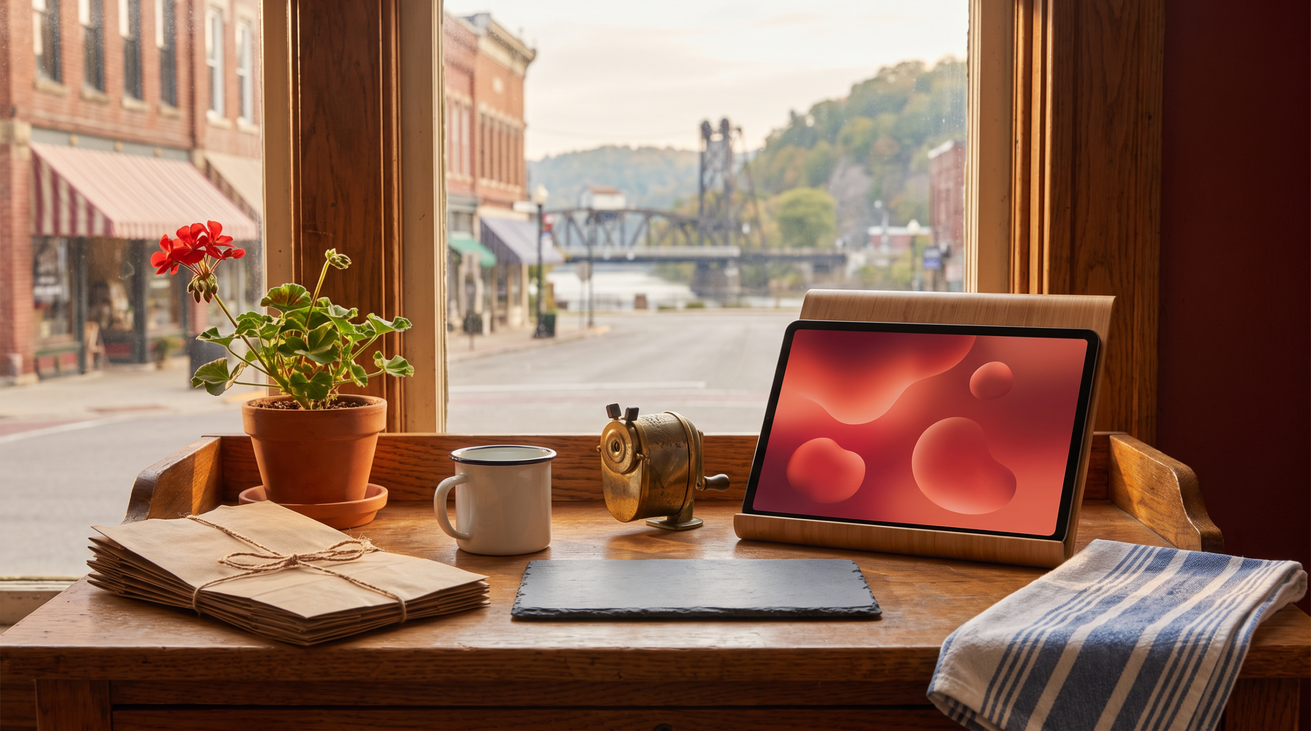 AI consulting pricing for SMB clients workspace with potted red geranium and main street lift bridge river town view
