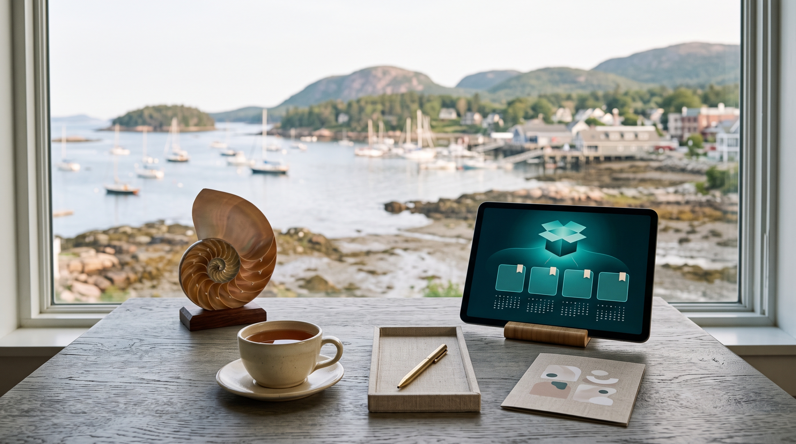 AI consulting recurring revenue packaging workspace with nautilus shell and granite harbor tide town view