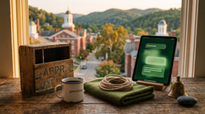 AI consulting Reddit growth workspace with wooden soapbox crate and Appalachian college town view