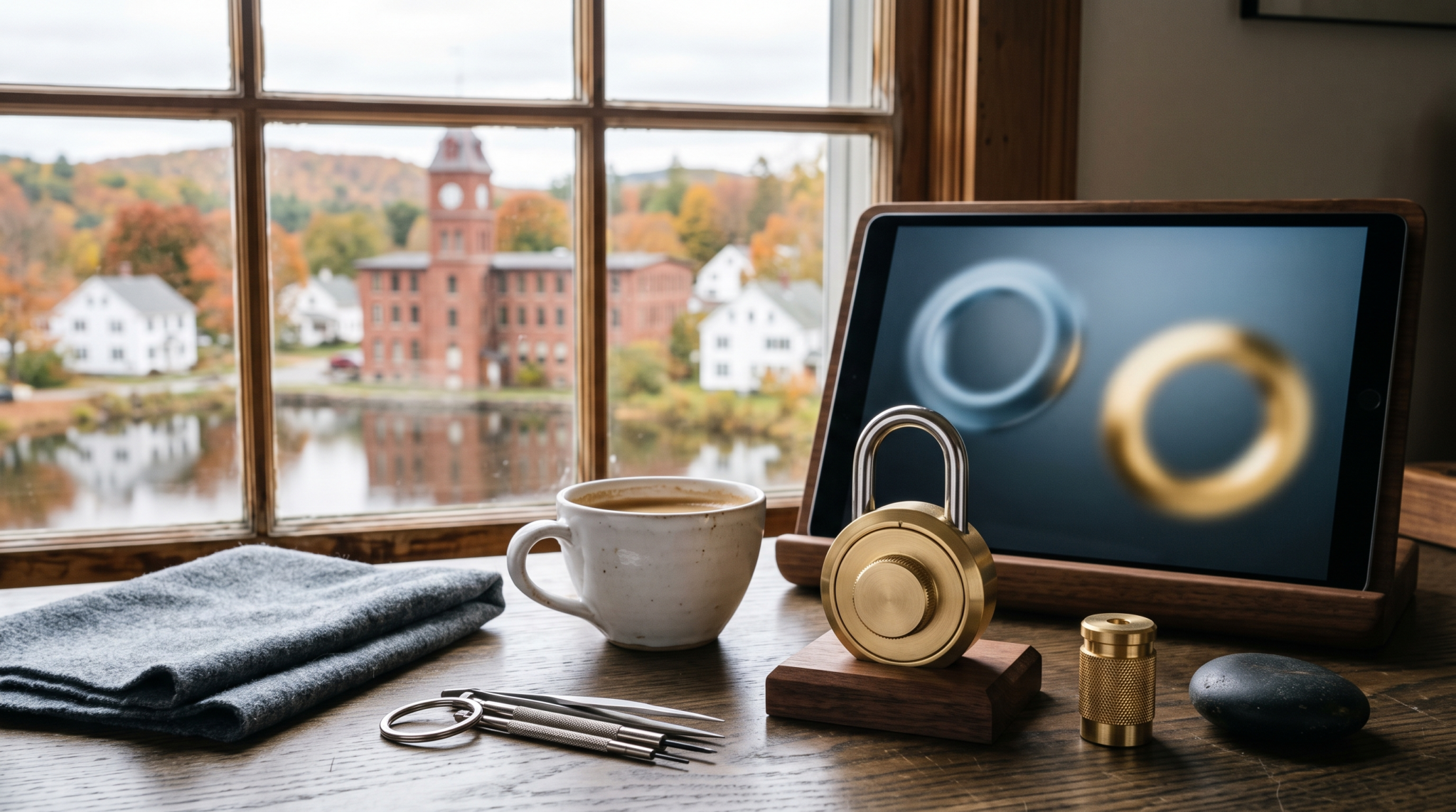 AI consulting security questionnaire responses workspace with brass padlock and lock-craft hills town view