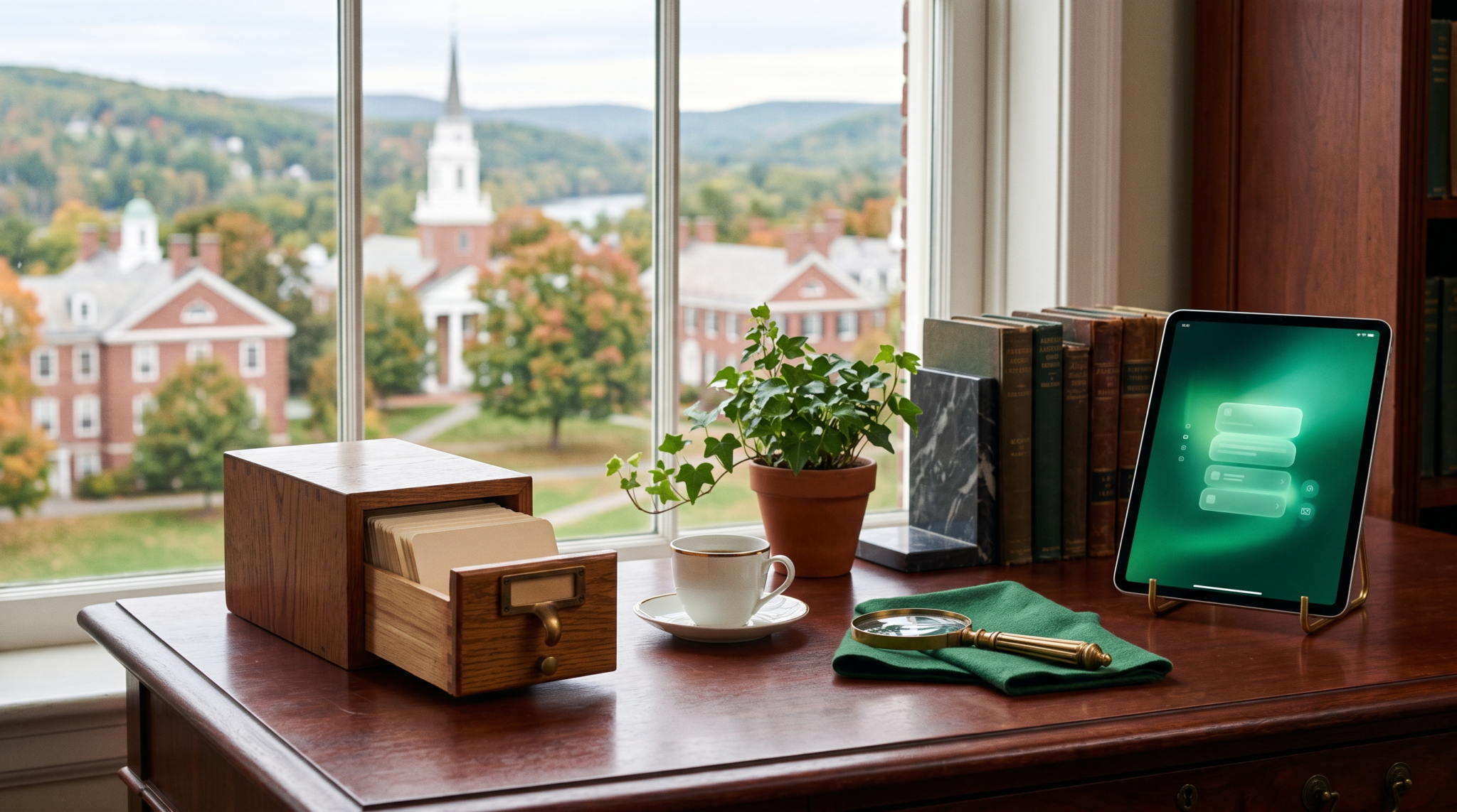 AI consulting SEO blog strategy workspace with library card catalog drawer and New England college town view