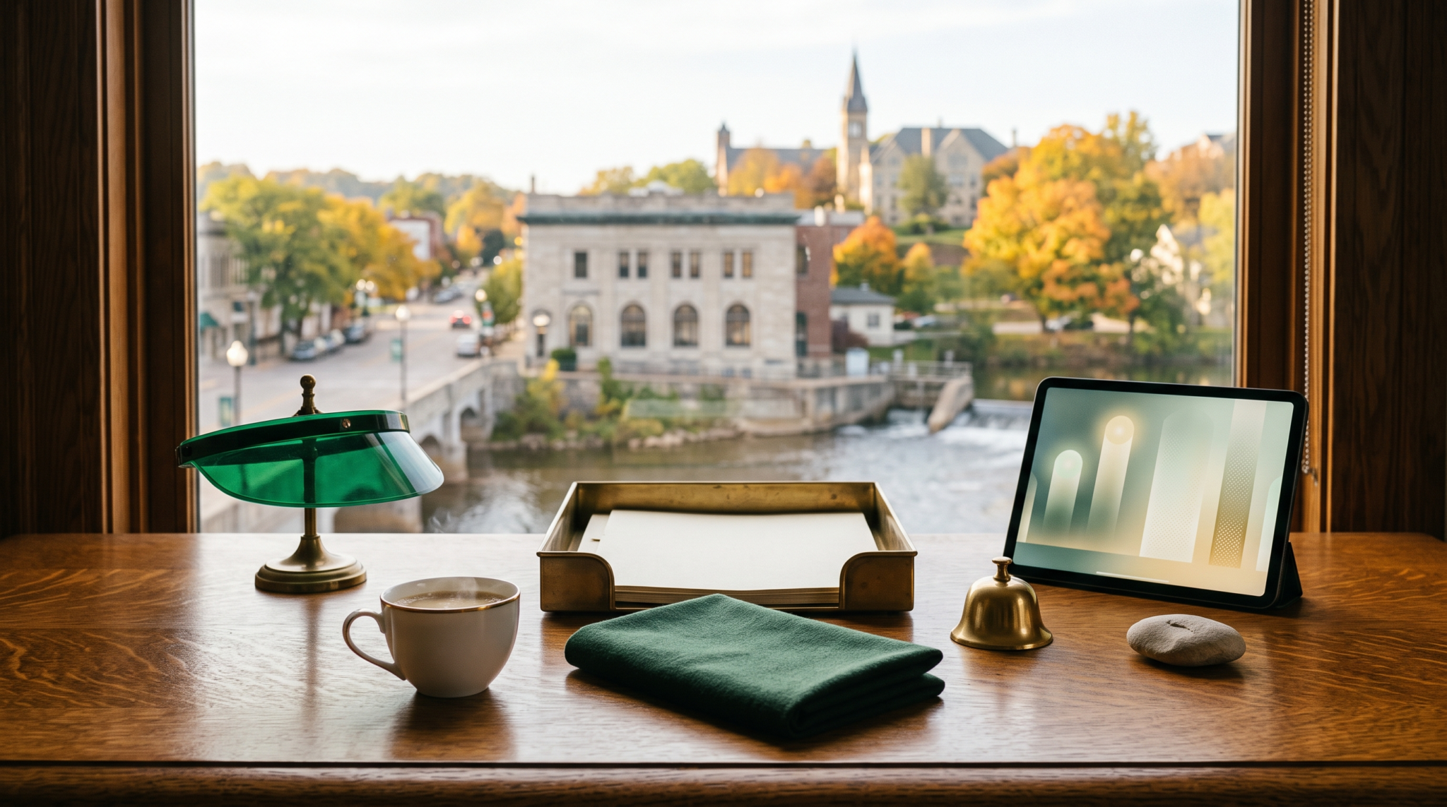 AI consulting SOC 2 lite workspace with green auditor's visor and limestone bank college river town view