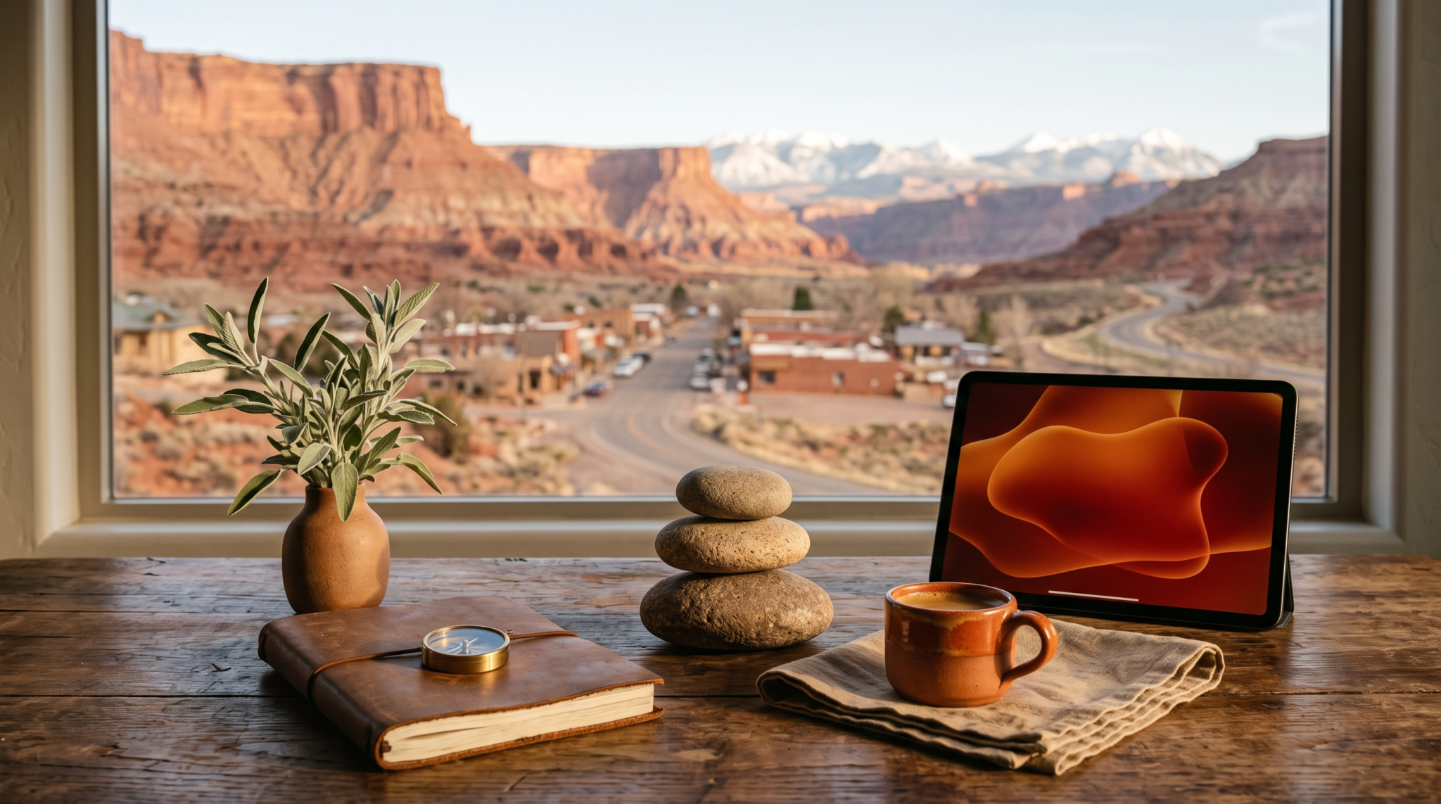 AI consulting tiered retainer examples workspace with stacked stone cairn and layered red rock canyon town view