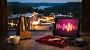 AI consulting TikTok content strategy workspace with wooden metronome and Ozark performance town view