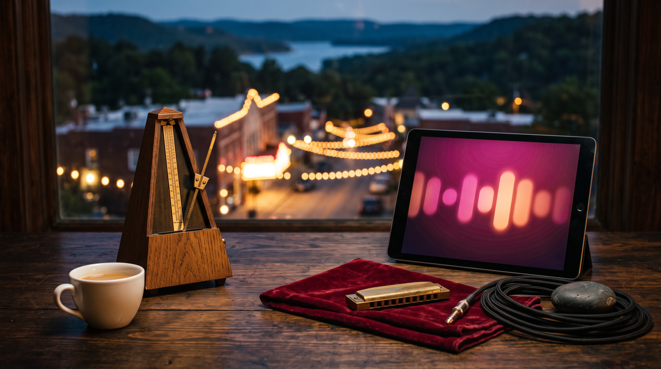 AI consulting TikTok content strategy workspace with wooden metronome and Ozark performance town view