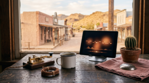 AI consulting Twitter X growth workspace with brass telegraph key and desert frontier town view